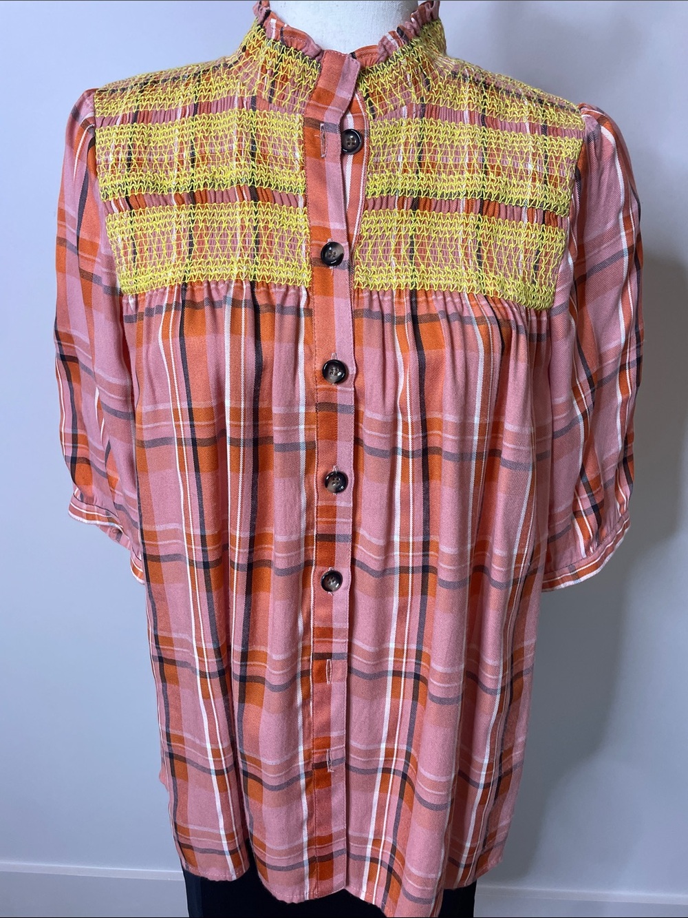IVY JANE - Pink Plaid Button-Front Top with Yellow Smocked Yoke - Small